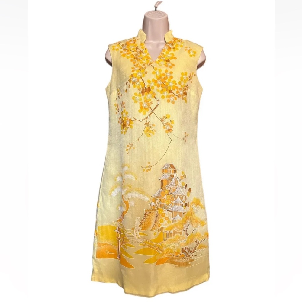 Vintage 60s Alfred Shaheen Floral Asian Yellow Dress